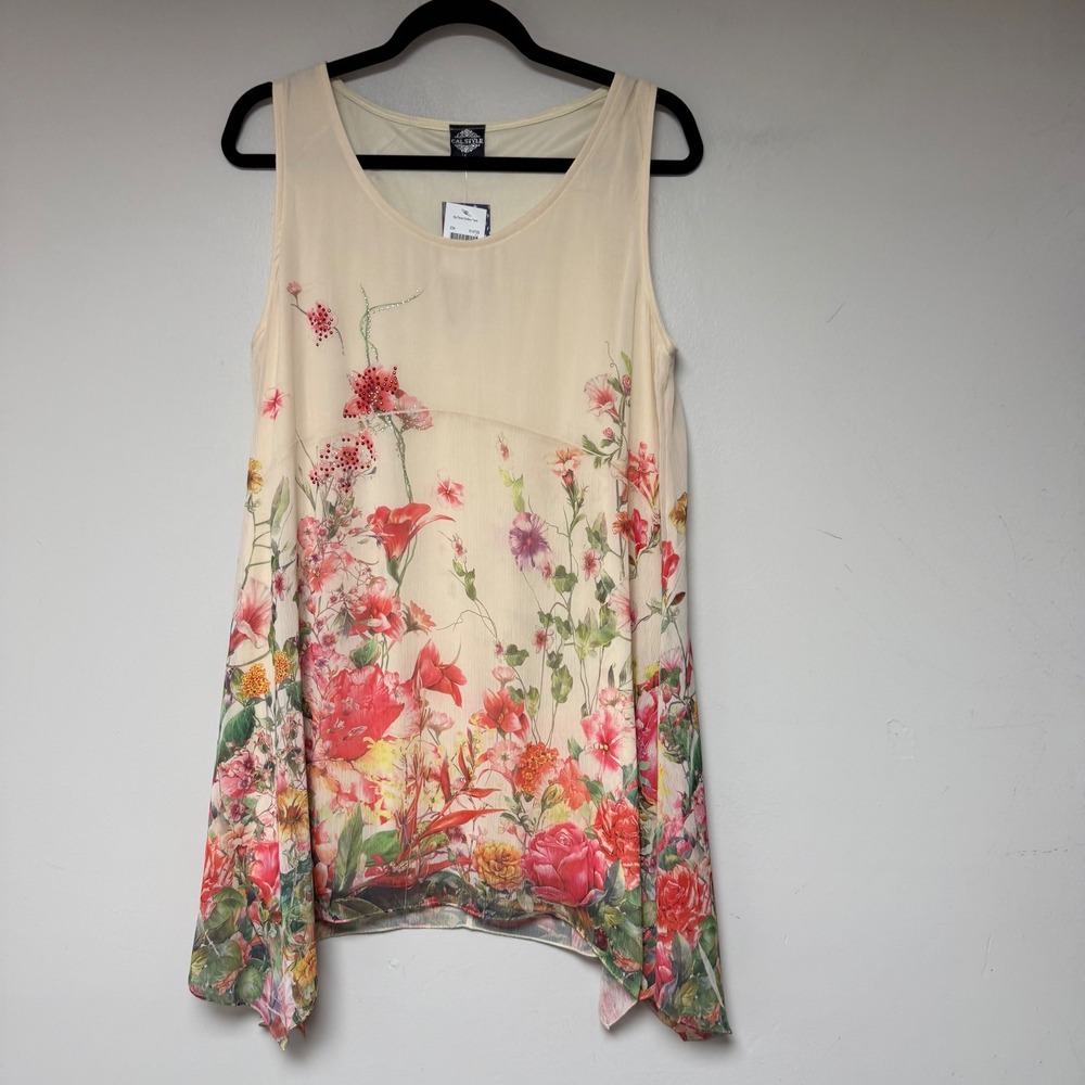 Cal Style Floral Chiffon Tank Top Sleeveless‎ Made in USA Women's Large